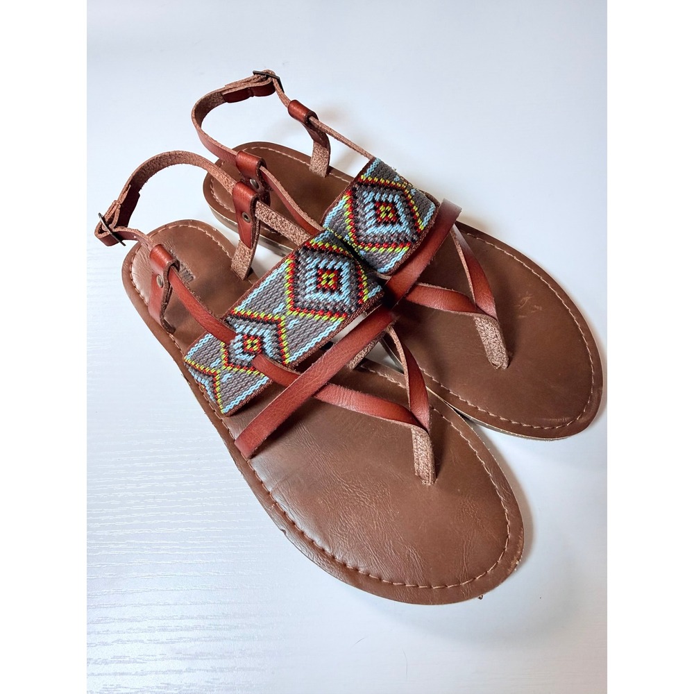 Mossimo Supply Co Sonora Cognac Brown Embroidered Boho Flat Sandals Women Size 8